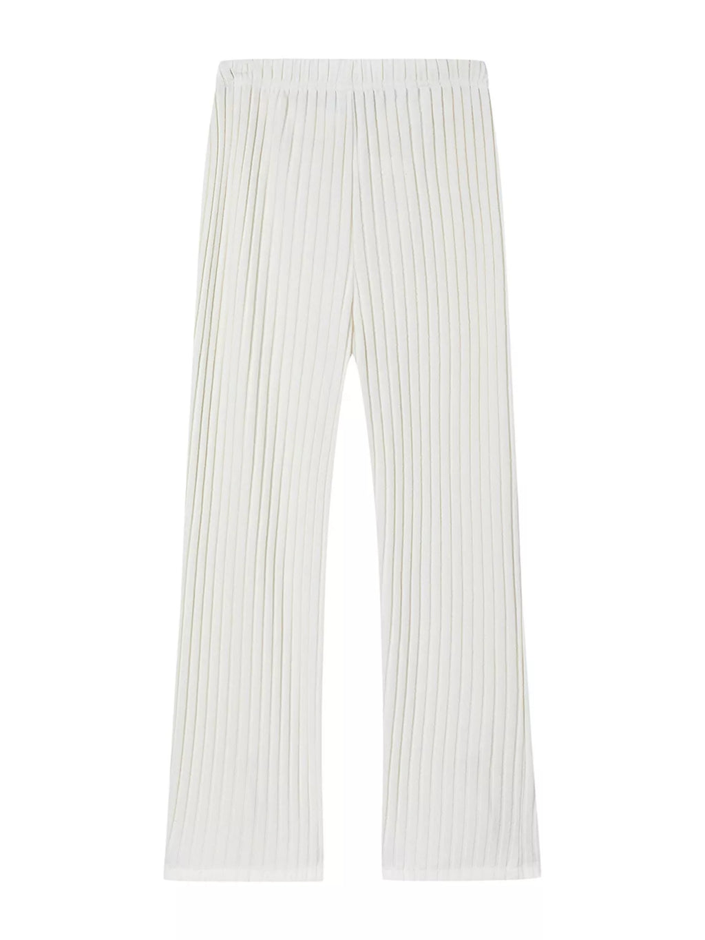 White ribbed knit wide-leg pants with elastic waistband