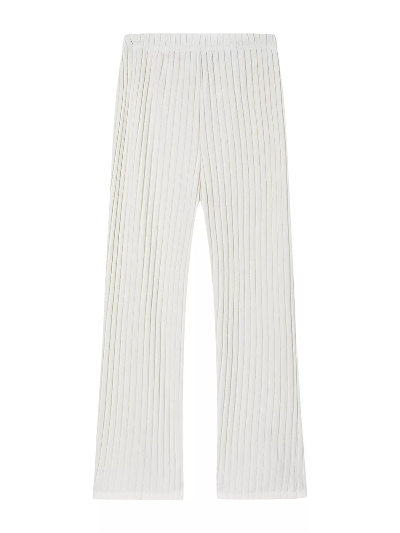 White ribbed knit wide-leg pants with elastic waistband