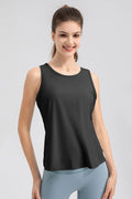 Black active tank top with wide straps and round neck, relaxed athletic fit