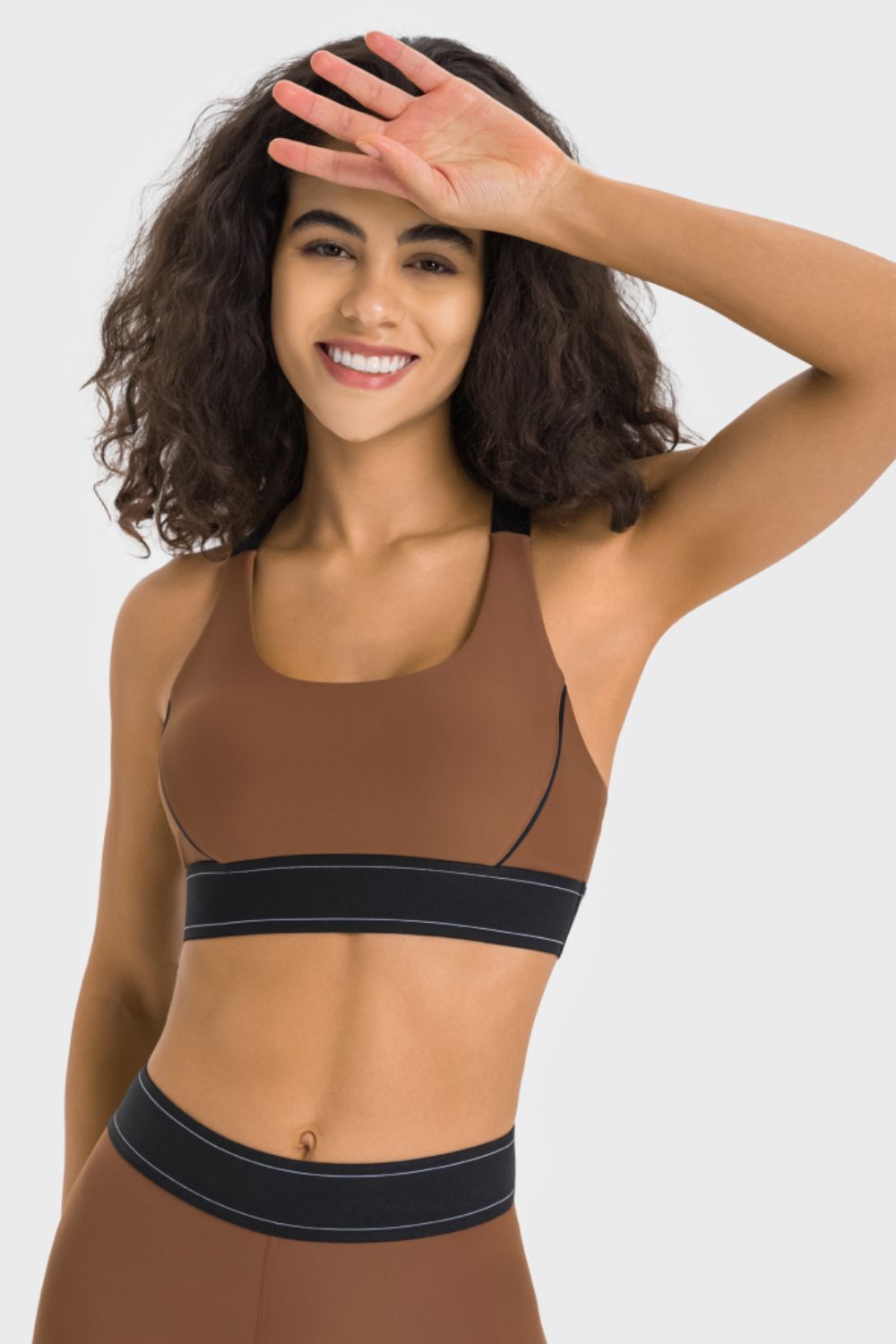 Chocolate contrast sports bra with black trim and racerback straps