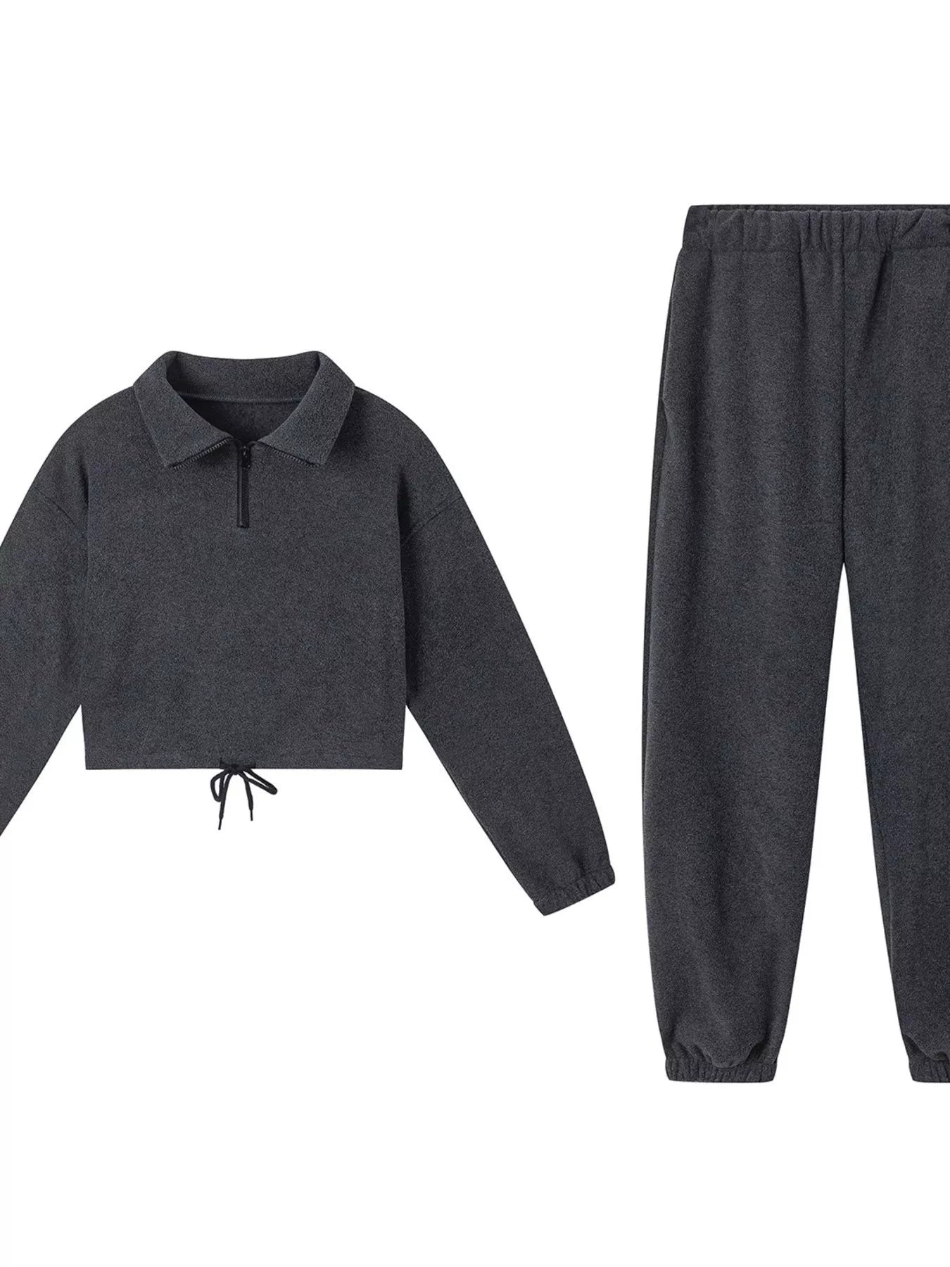 Dark gray quarter-zip sweatshirt and jogger pants set, flat lay front view.