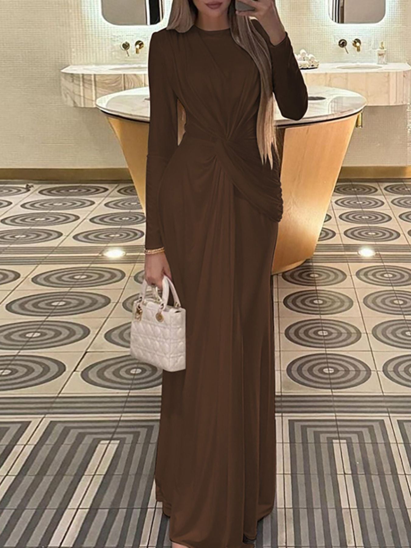 Mocha brown long-sleeve maxi dress with ruched knot front and soft drape