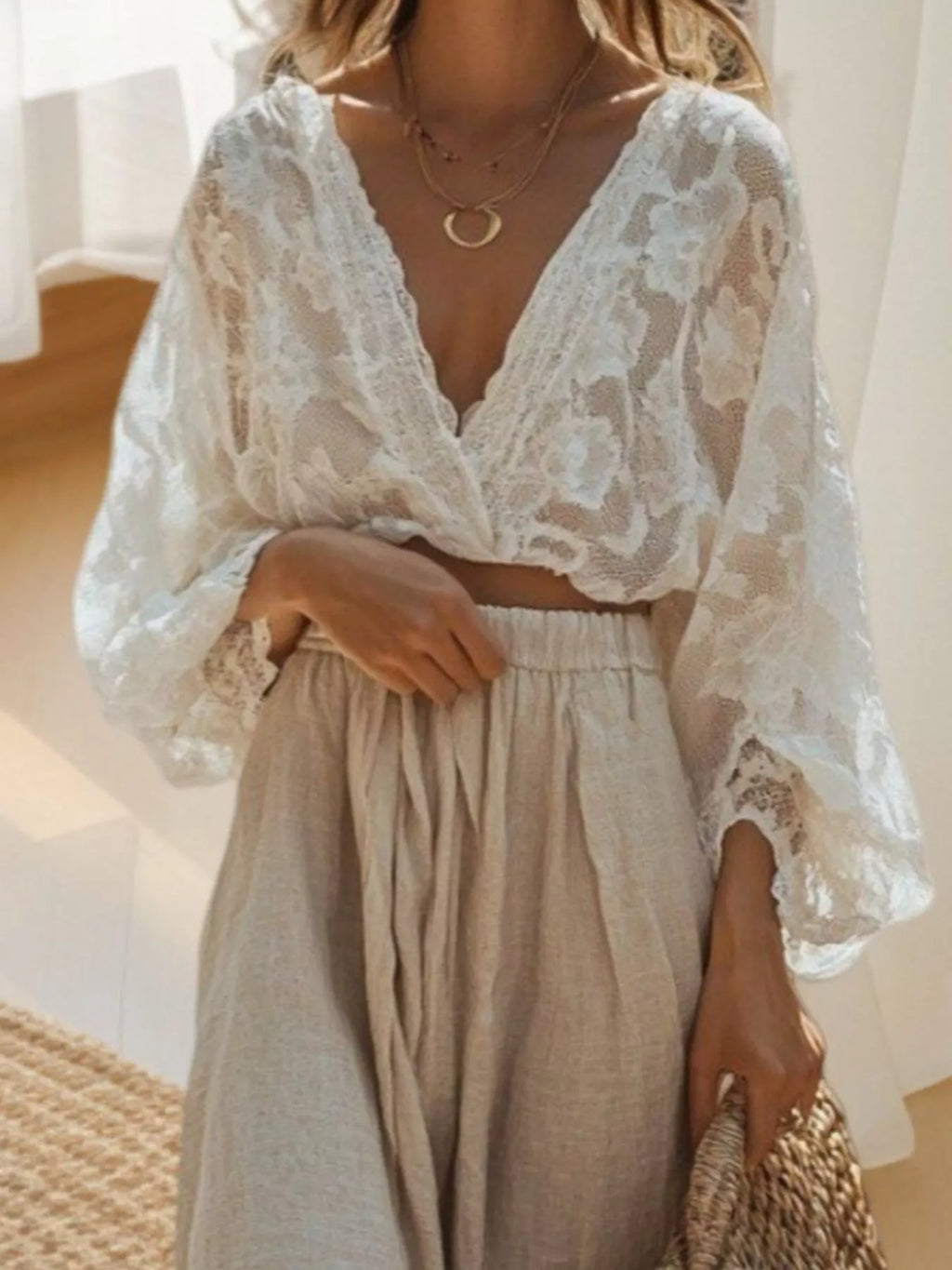 Cream lace V-neck long-sleeve top with gathered light beige maxi skirt