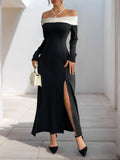 Black off-shoulder maxi dress with contrast neckline and side slit, long sleeves