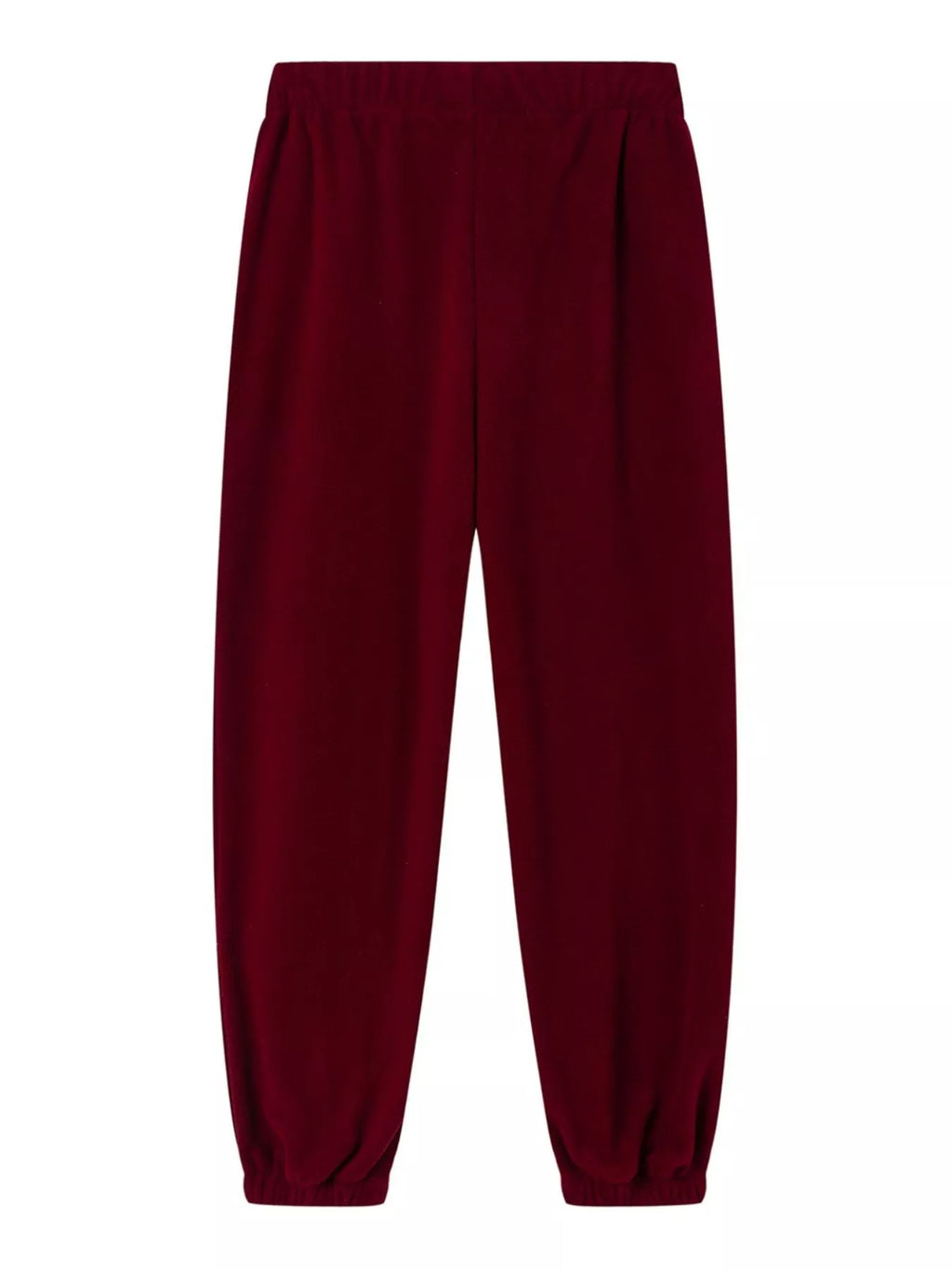 Burgundy jogger pants with elastic waistband and relaxed tapered leg