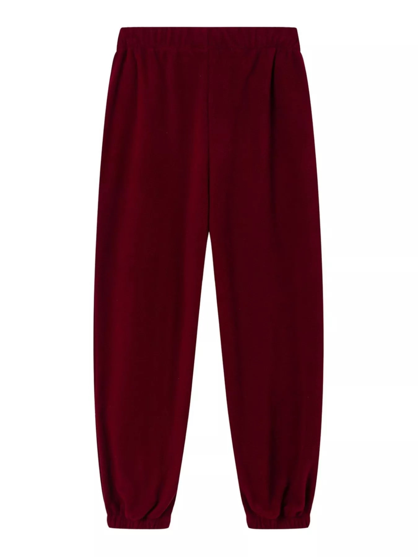 Burgundy jogger pants with elastic waistband and relaxed tapered leg