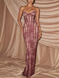 Burgundy lace-up back strapless maxi dress with sweetheart neckline and vertical stripe texture