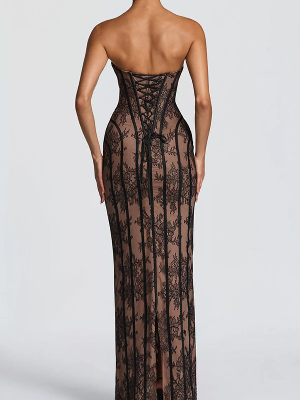 Strapless dark lace maxi dress, sheer back with lace-up corset details