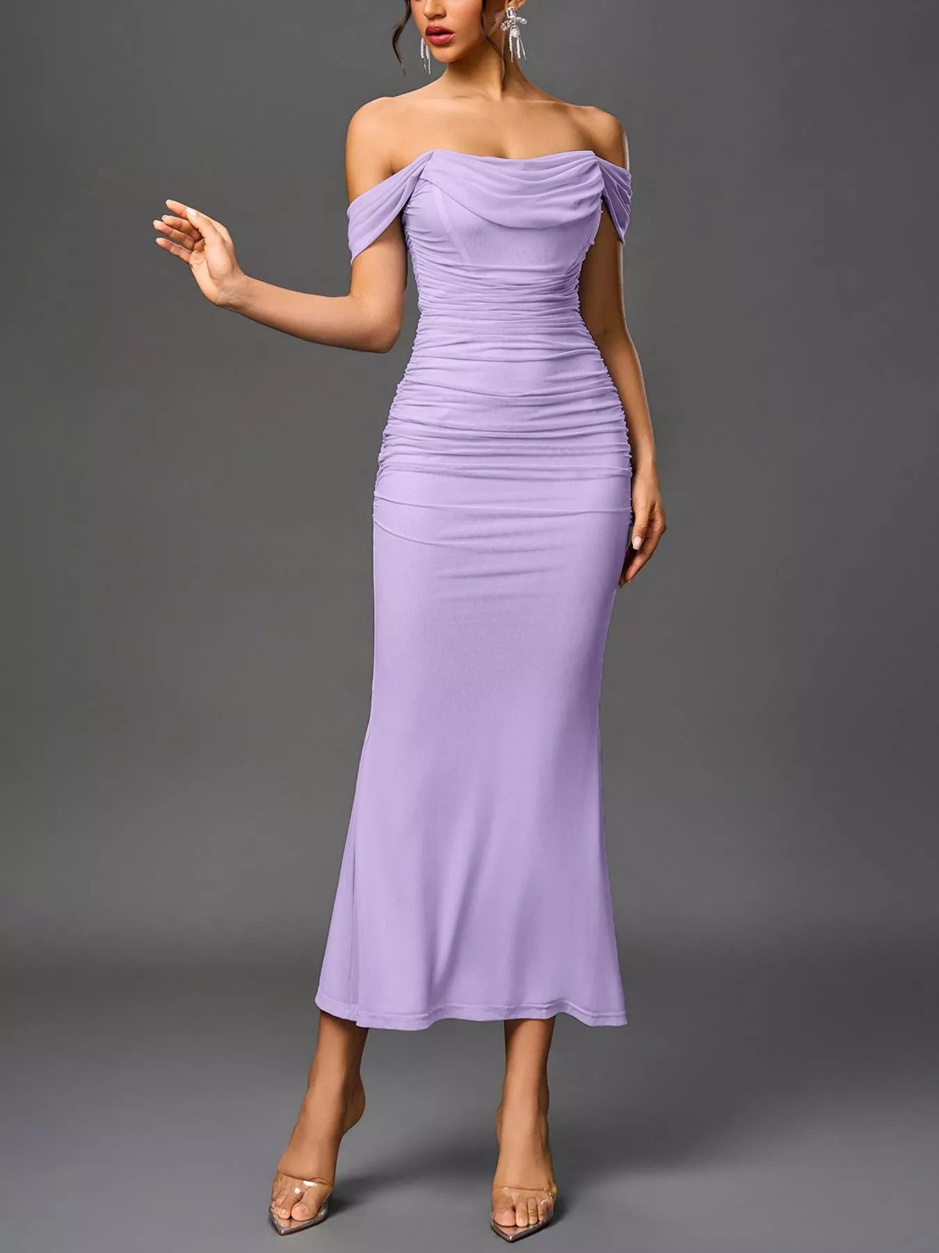 Lavender off-shoulder ruched mermaid maxi dress with gathered neckline