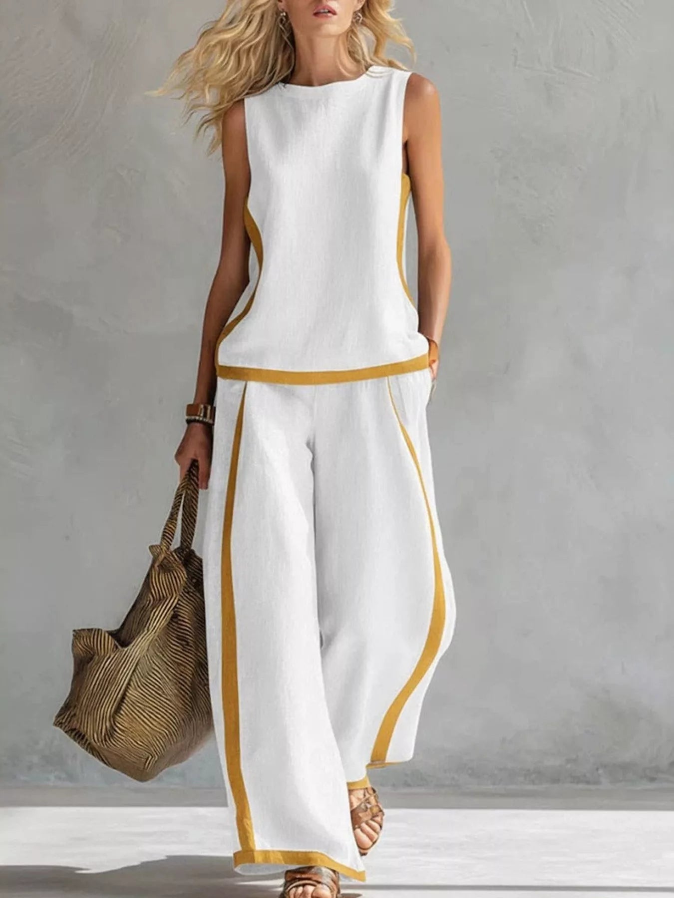 Plus size sleeveless top and wide-leg pants set, white with mustard contrast trim