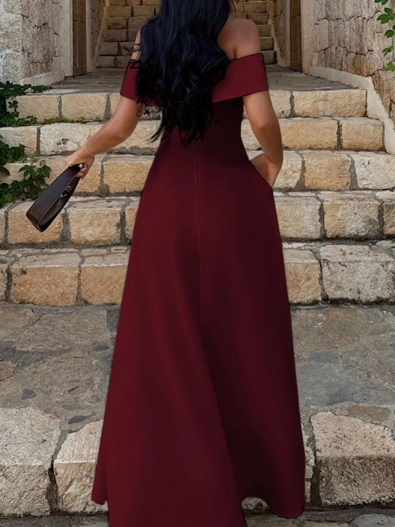 Off-shoulder A-line maxi dress in burgundy, wide neckline and long A-line skirt