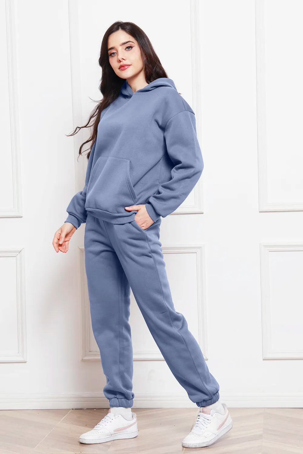 Light blue drop-shoulder pullover hoodie and jogger pants set, drawstring hood, relaxed jogger fit