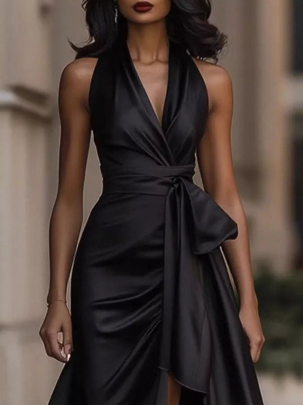 Black satin wrap maxi dress with V-neck, sleeveless, ruffled high-low hem, draped tie