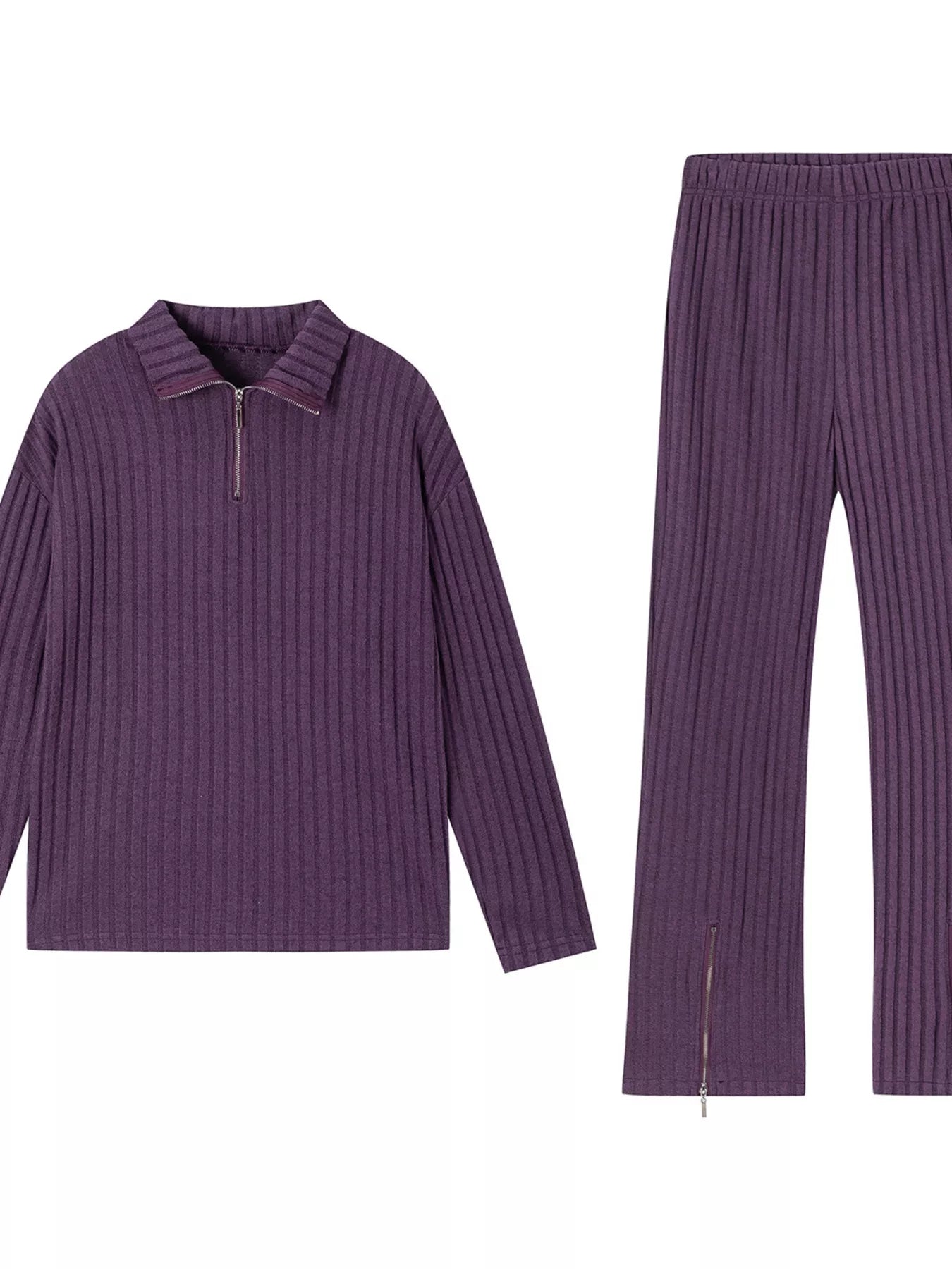 Purple ribbed knit top with quarter-zip collar and matching ribbed pants set
