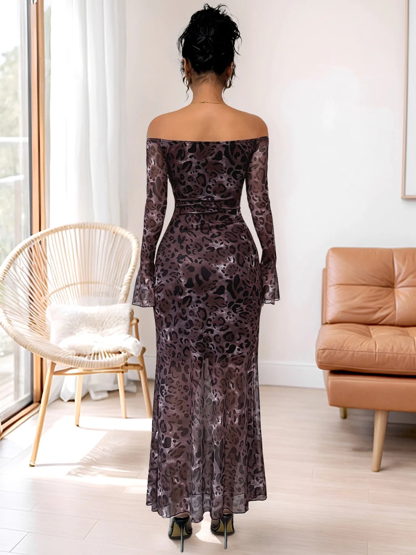 Purple leopard-print off-shoulder maxi dress with long sleeves, back view