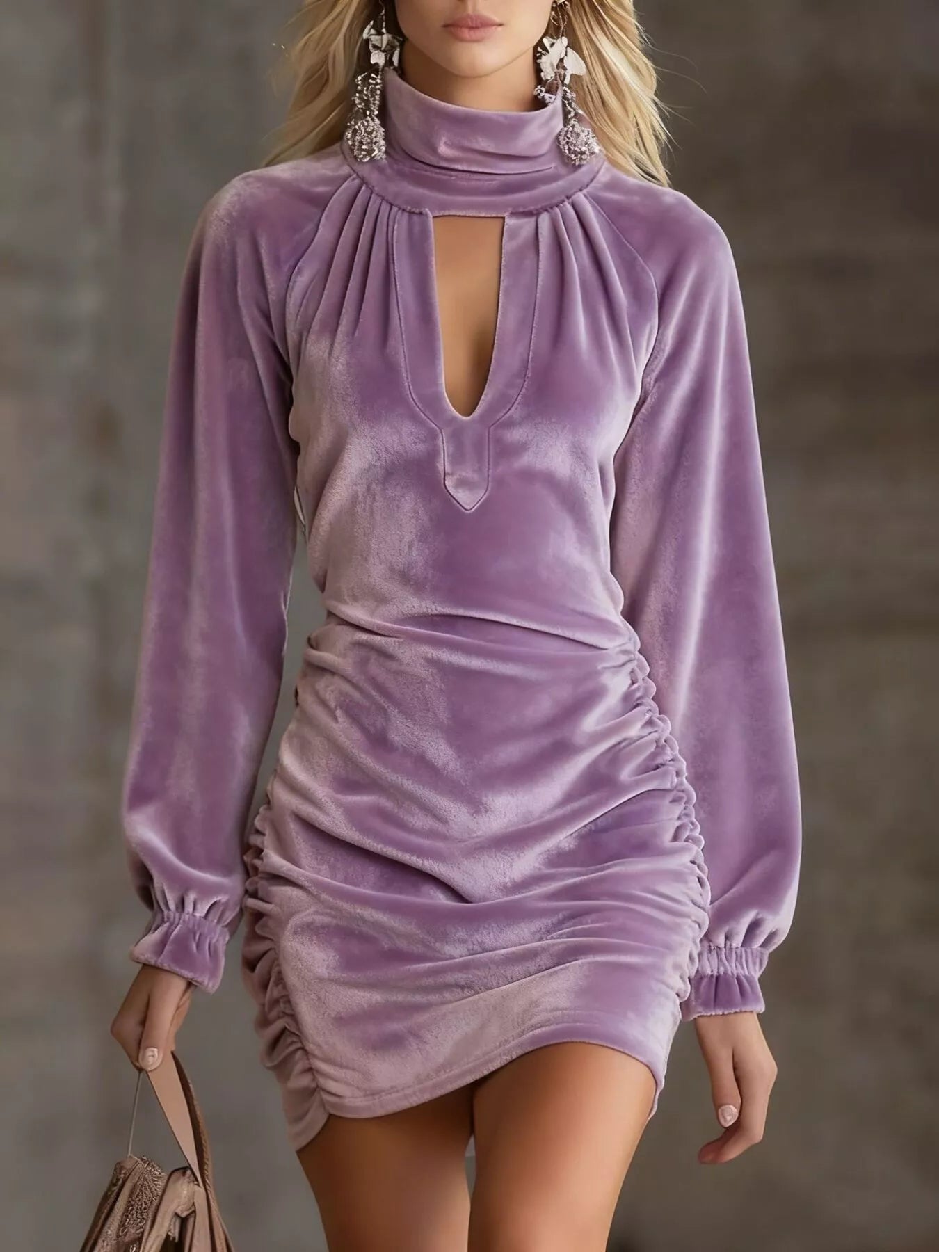 Violet velvet mini dress with mock neck, V cutout, and ruched skirt with puff sleeves