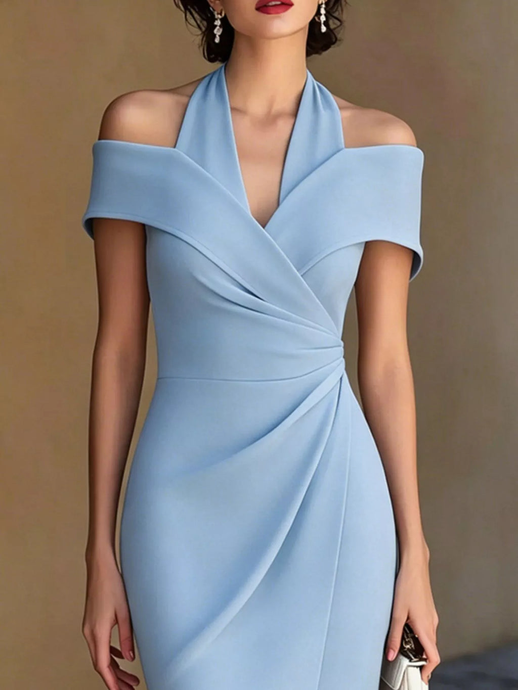 Sky blue cold-shoulder halter midi dress with V-neck wrap bodice and draped side panel