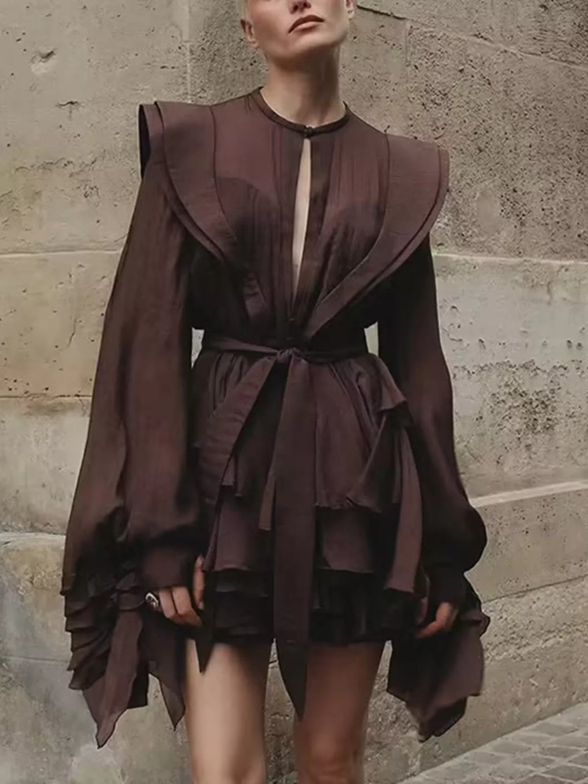 Coffee brown ruffled long-sleeve mini dress with bow-tied waist and sheer sleeves
