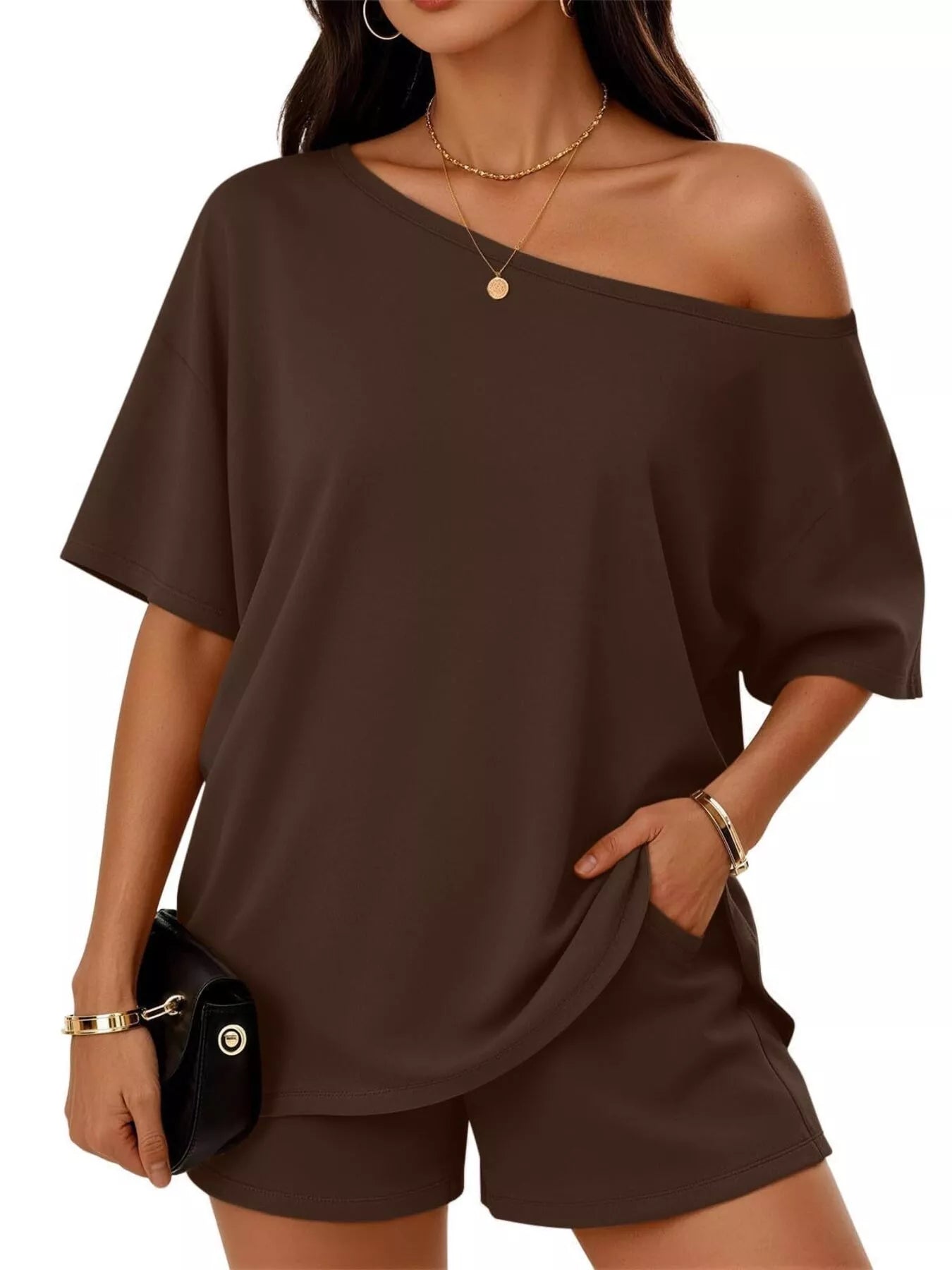 Dark brown one-shoulder top and matching shorts set, loose drape, short sleeves
