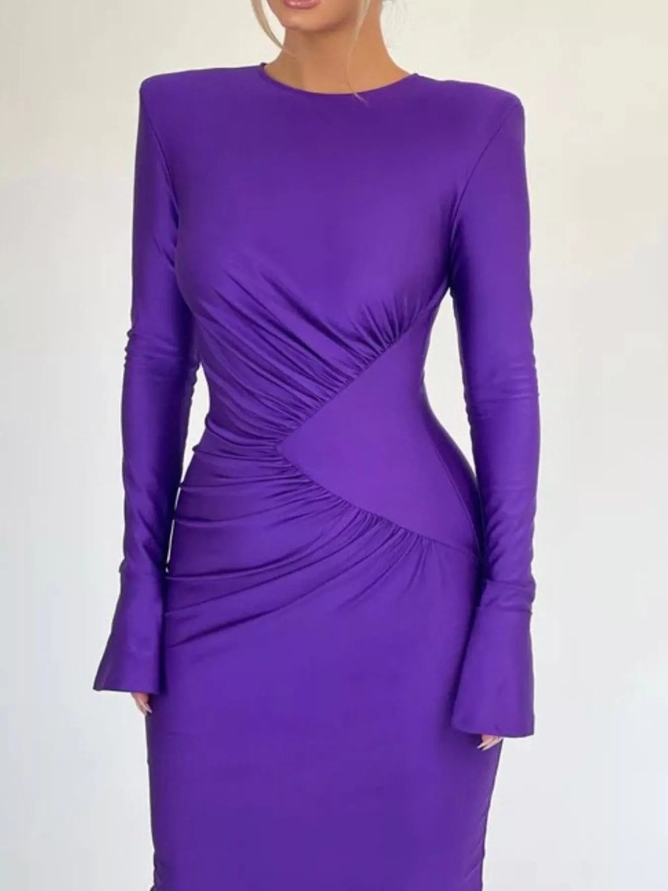 Purple ruched bodycon maxi dress with long sleeves and diagonal center ruching
