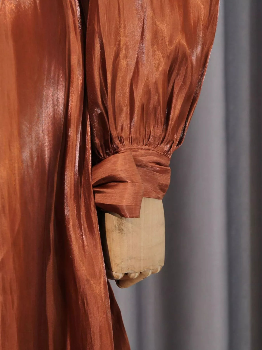 Rust satin maxi dress, ruched long sleeve with draped cuff