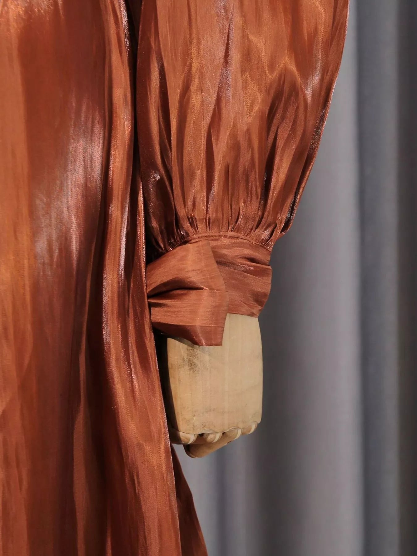 Rust satin maxi dress, ruched long sleeve with draped cuff