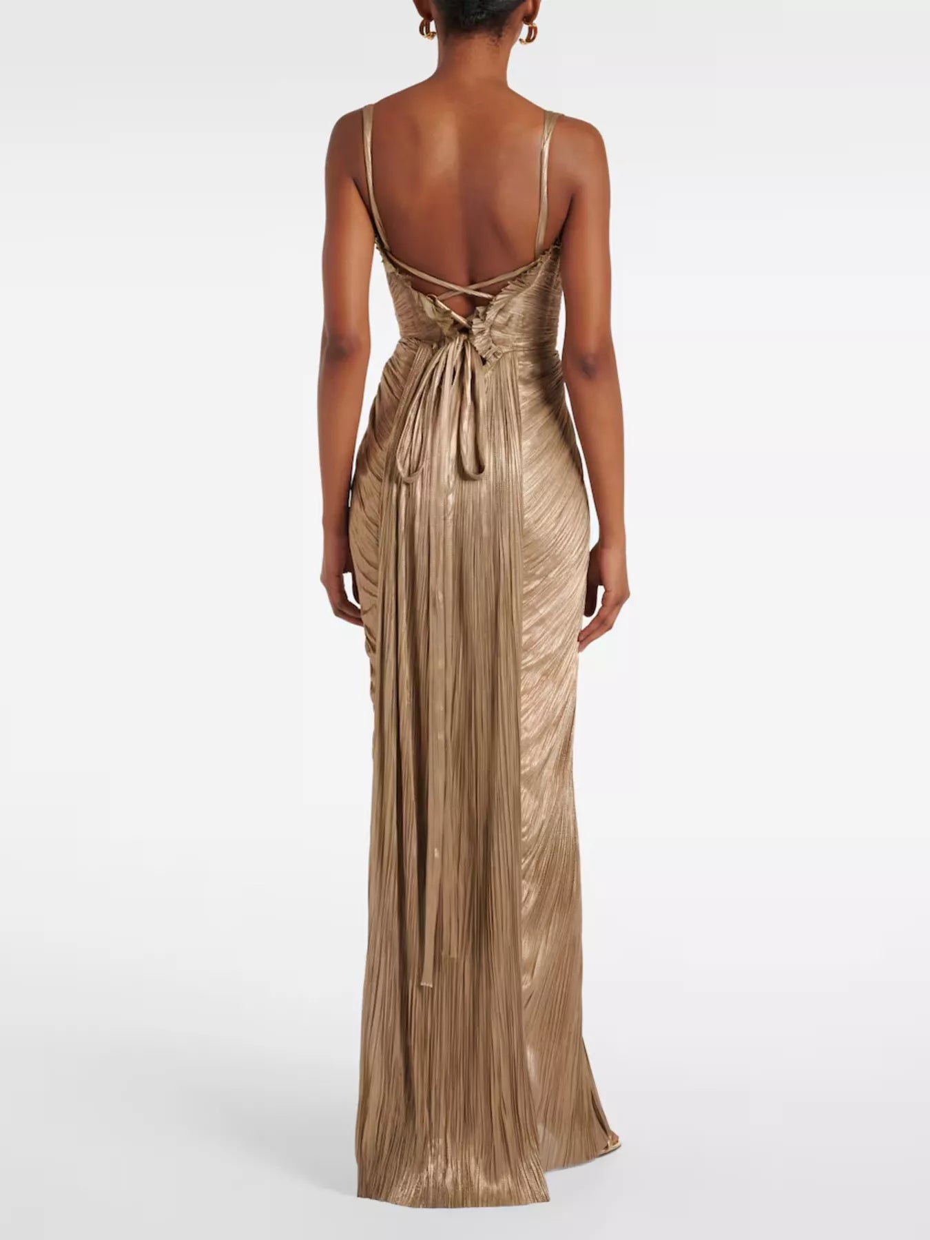 Gold metallic pleated corset maxi dress, lace-up back and thin spaghetti straps