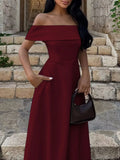 Off-shoulder A-line maxi dress in burgundy, fitted bodice with wide horizontal neckline