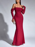 Wine red glitter mermaid maxi dress with ruched off-shoulder bodice and long sleeves