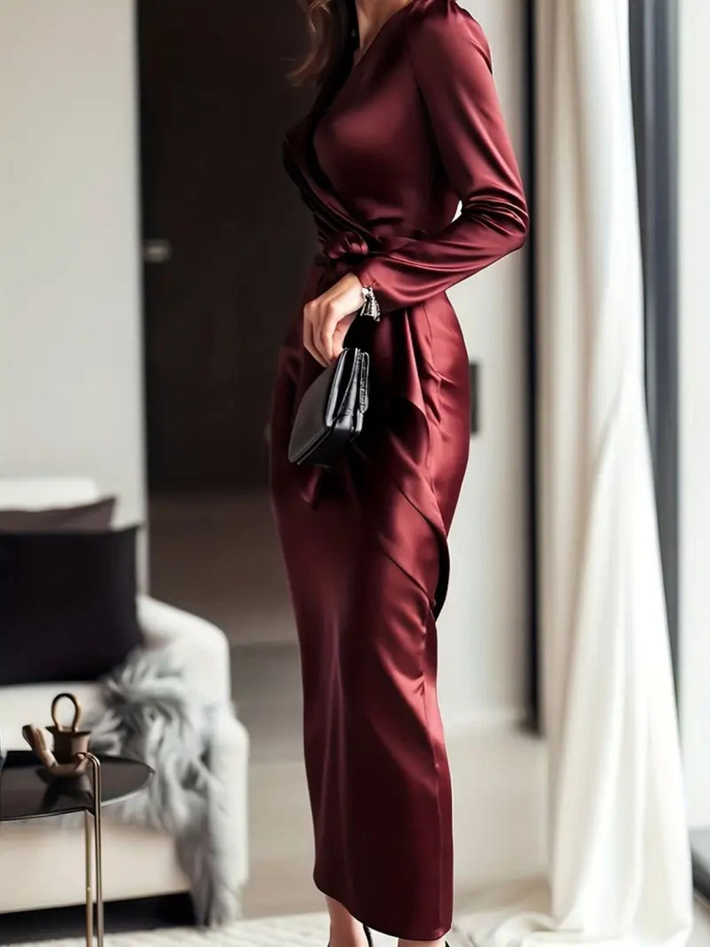 Burgundy satin long-sleeve midi wrap dress with V-neck and tied waist