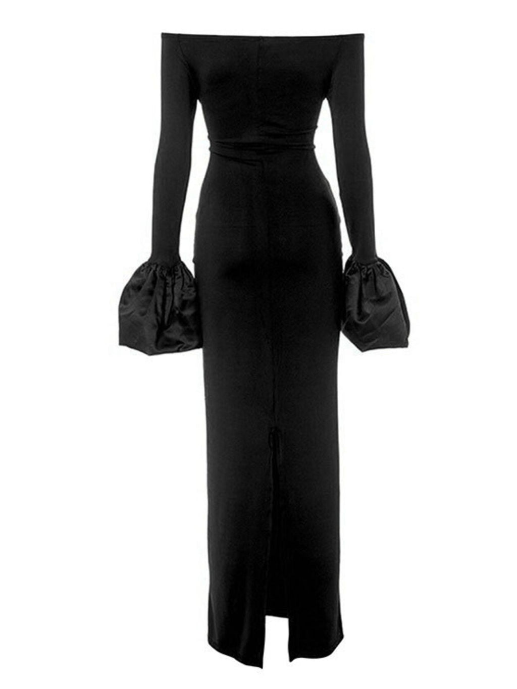 Black off-shoulder maxi dress with long sleeves, gathered cuffs, and front slit