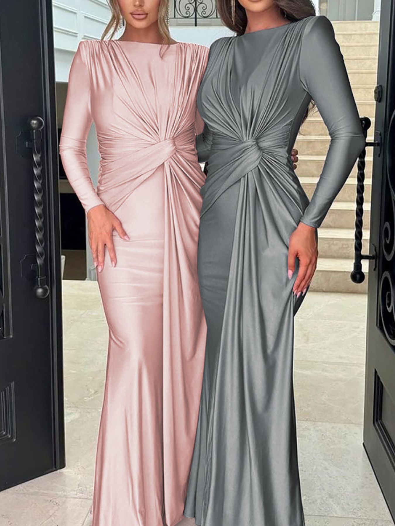 Ruched knot-front long sleeve maxi dress with draped ruched knot front detail, two colors shown
