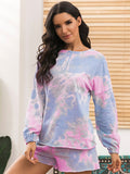Pink-blue tie-dye lounge set with long-sleeve top and matching shorts