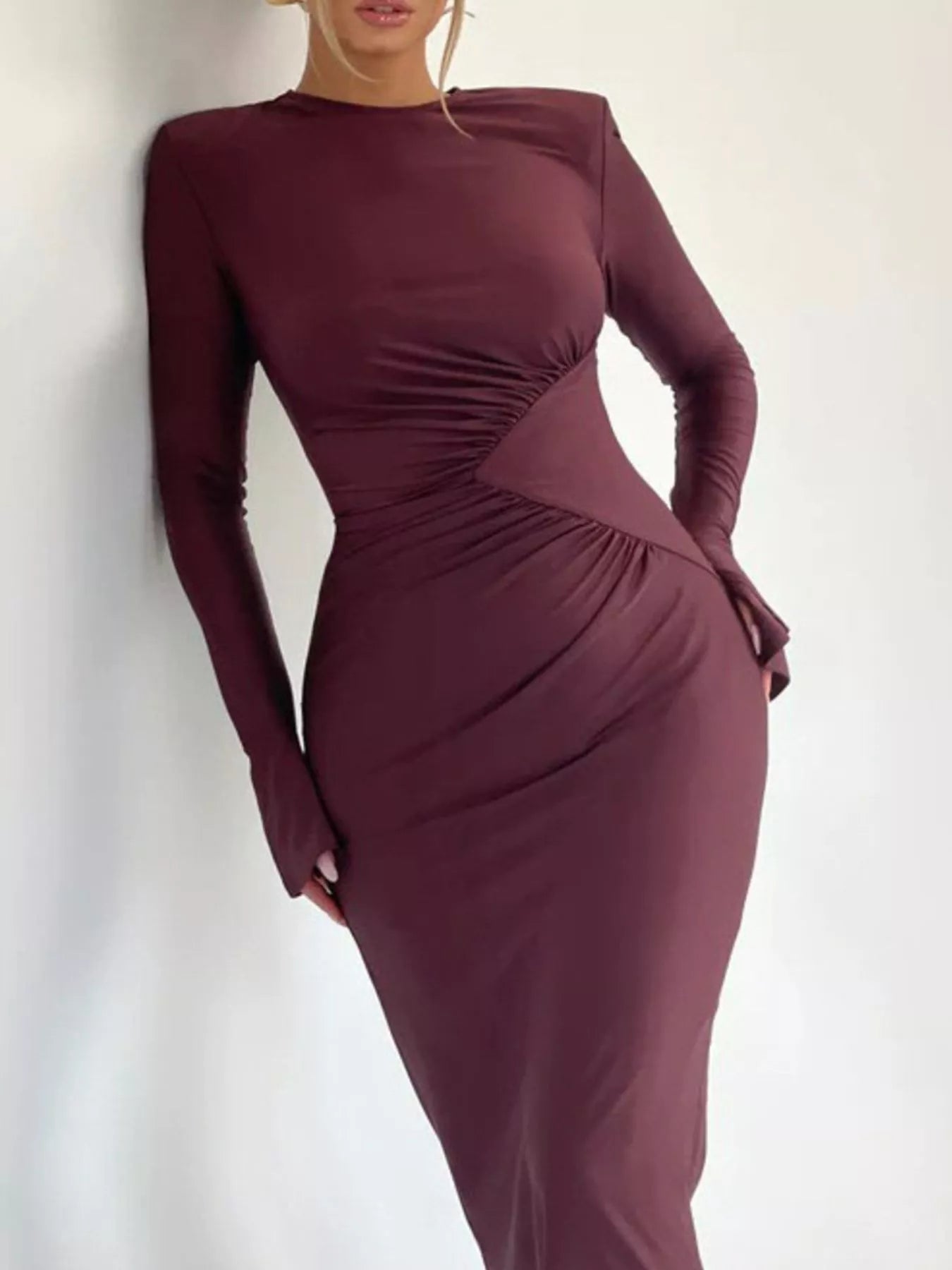 Ruched bodycon maxi dress in burgundy with long sleeves and gathered waist ruching