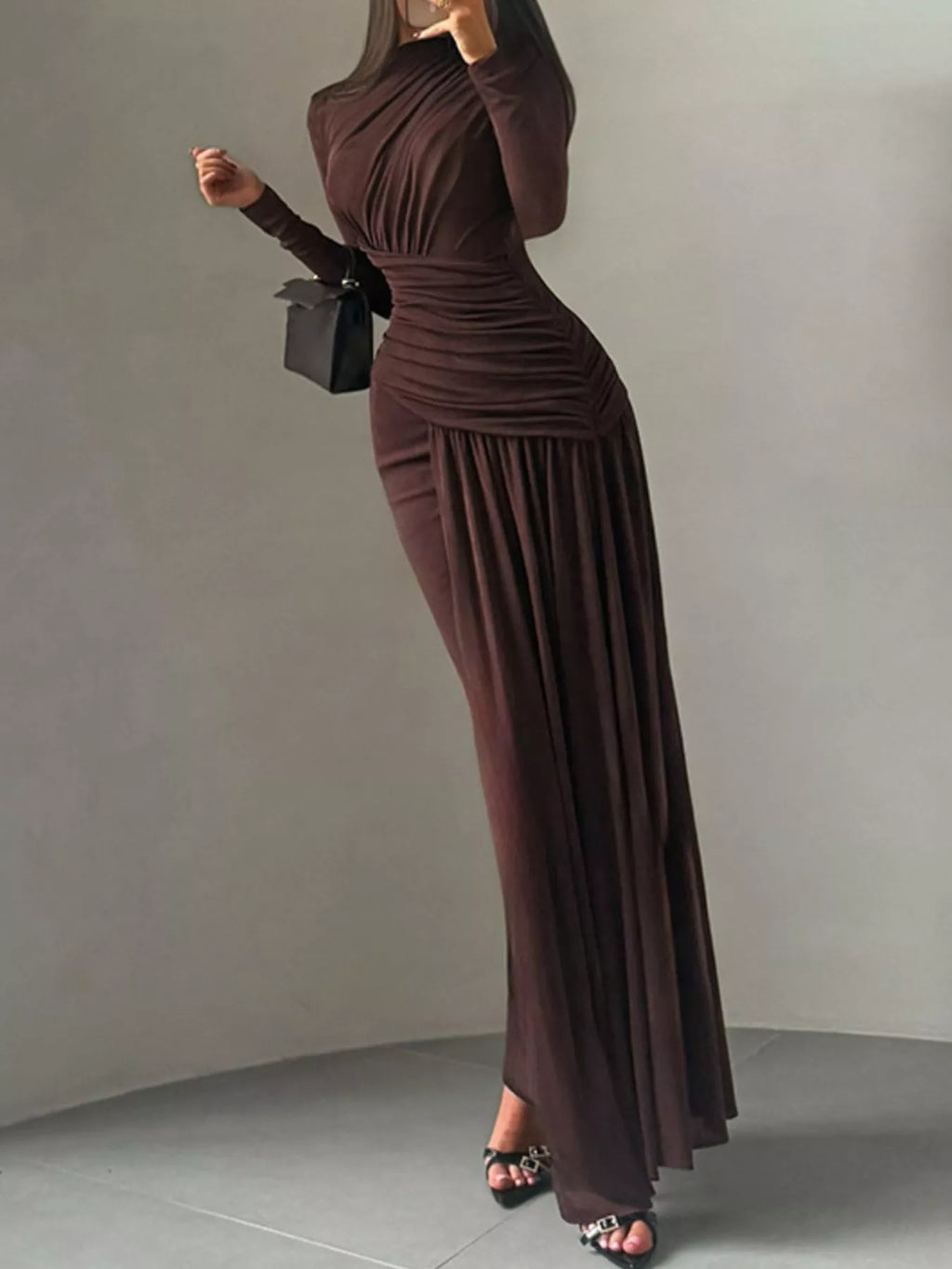 Brown ruched long-sleeve maxi dress, fitted waist with gathered side pleats