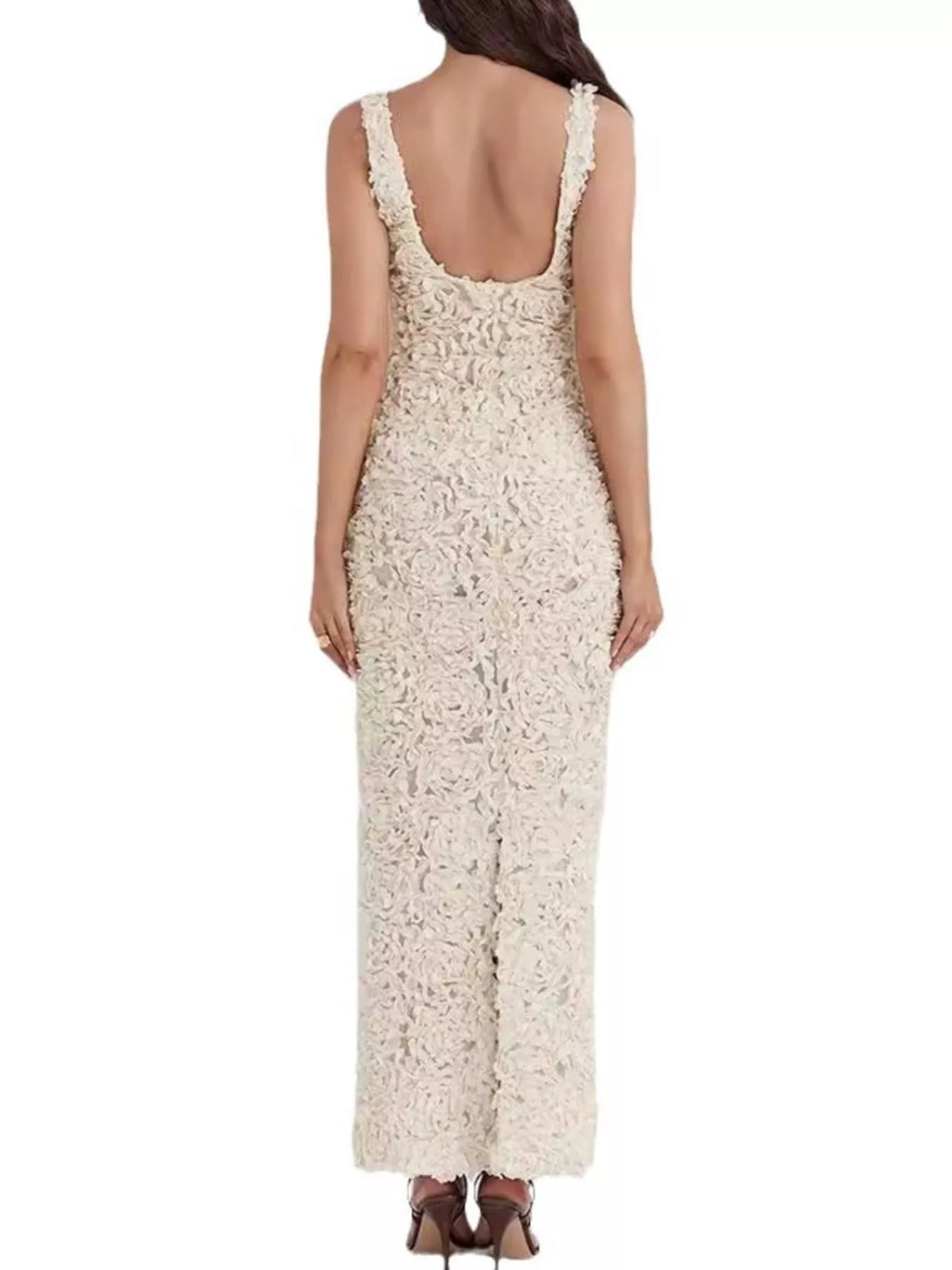 White floral applique sleeveless maxi dress with scoop back and textured lace detail