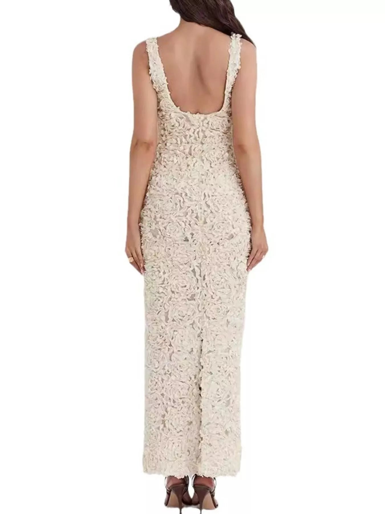 White floral applique sleeveless maxi dress with scoop back and textured lace detail