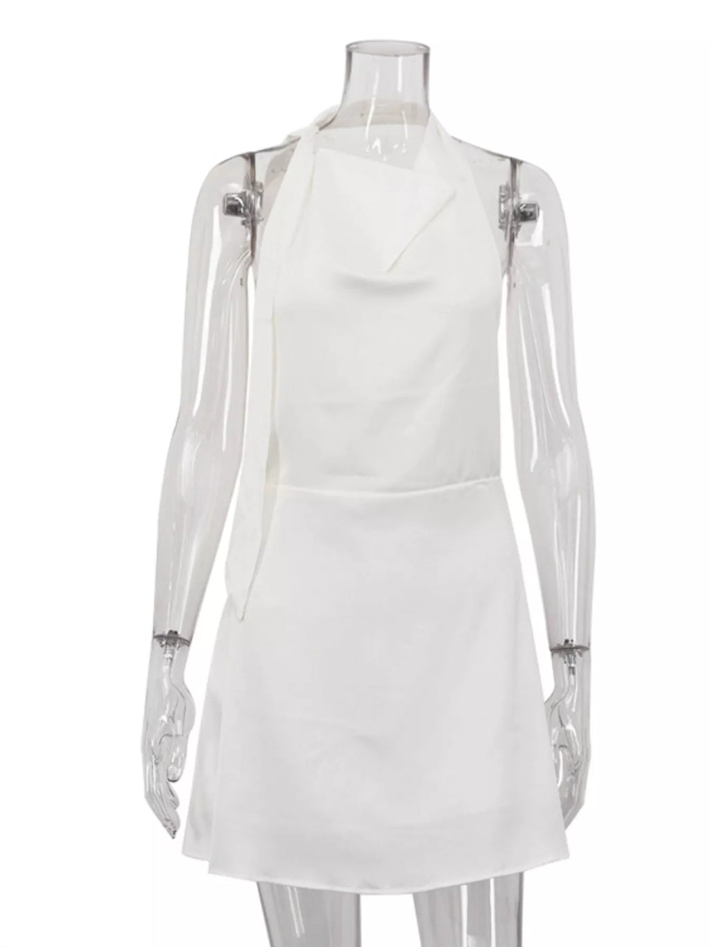 White halter neck mini dress front view with V neckline and pleated skirt overlay