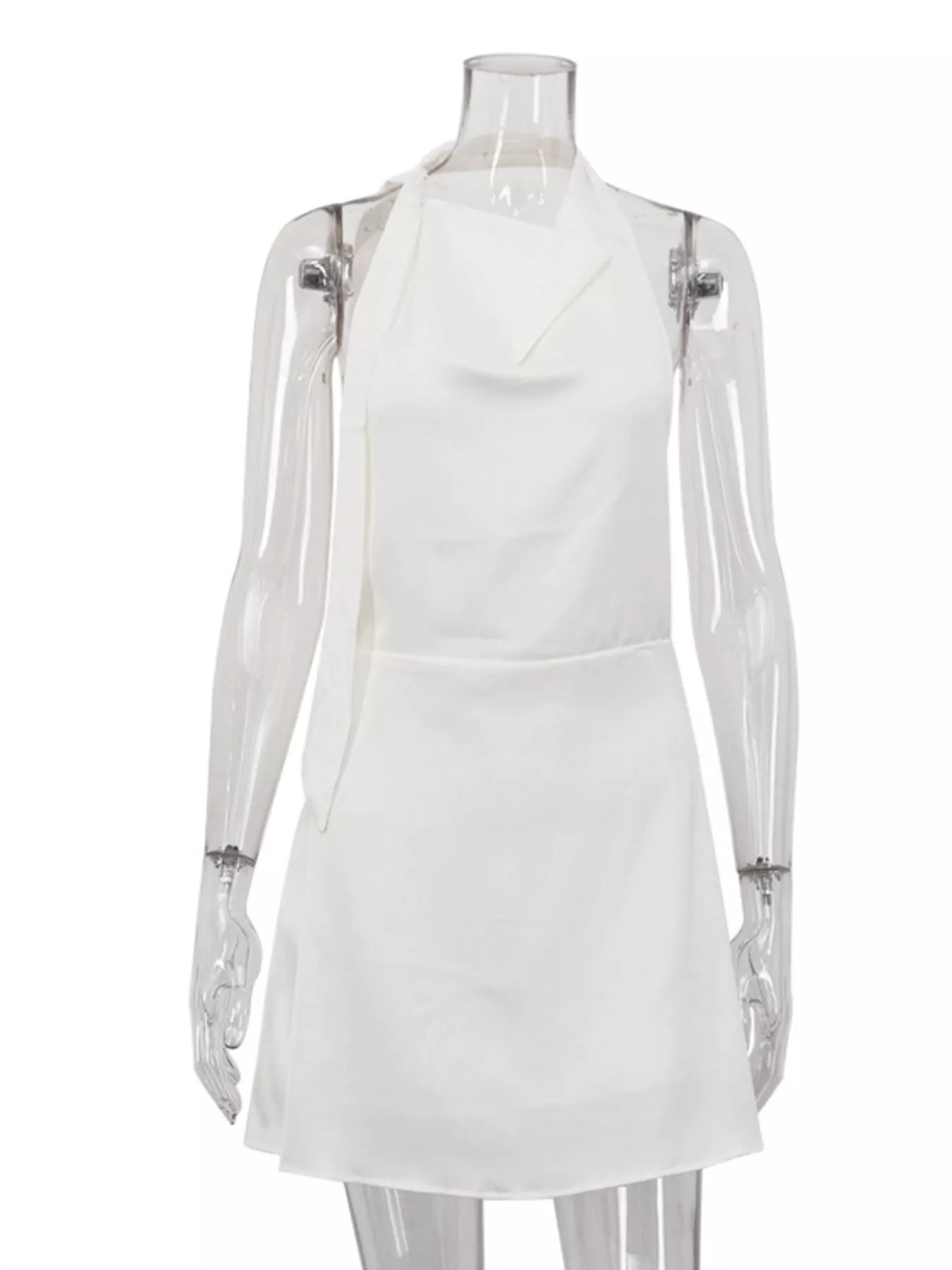 White halter neck mini dress front view with V neckline and pleated skirt overlay