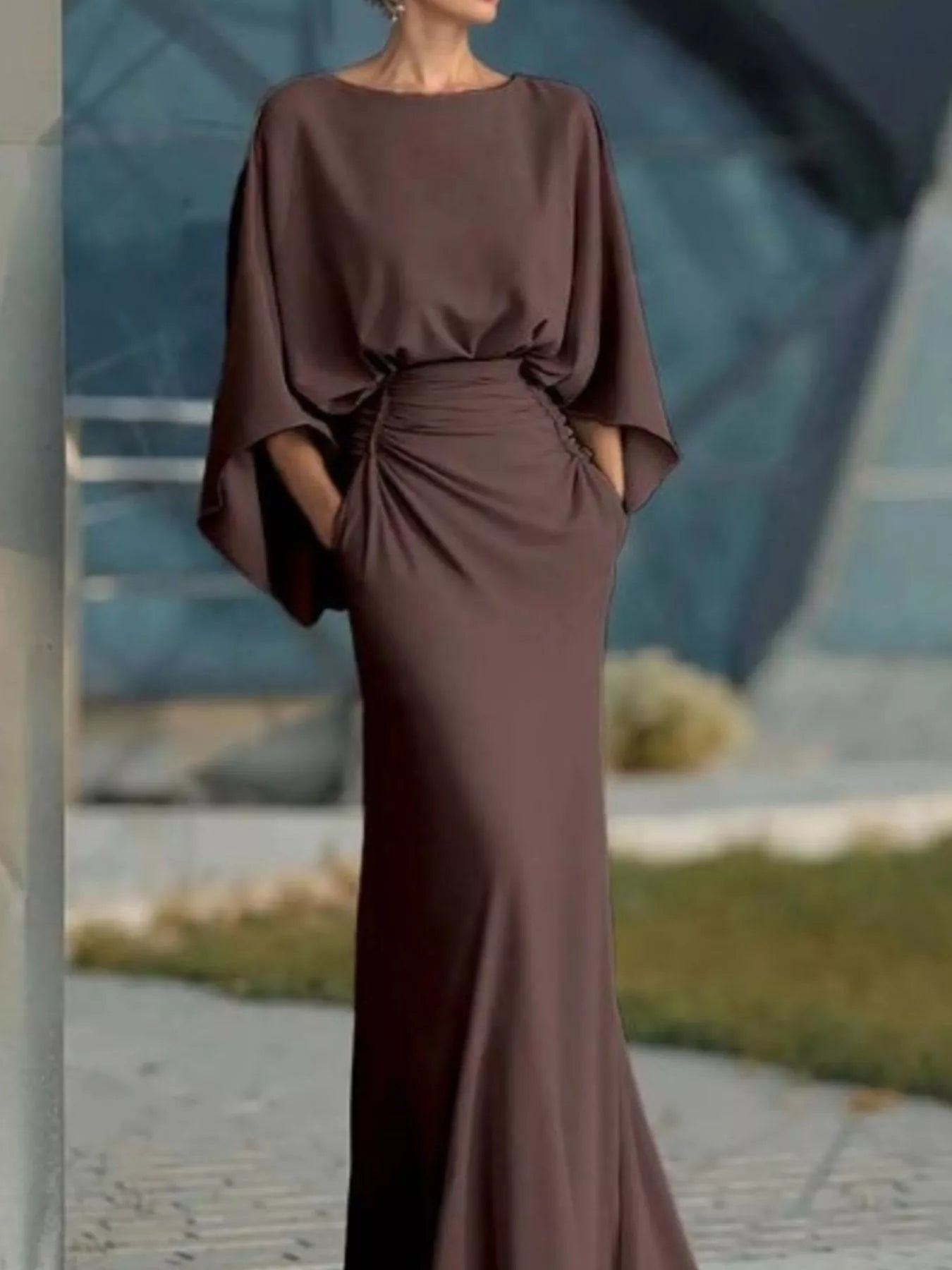 Dark brown batwing sleeve ruched maxi dress with cinched, draped waist