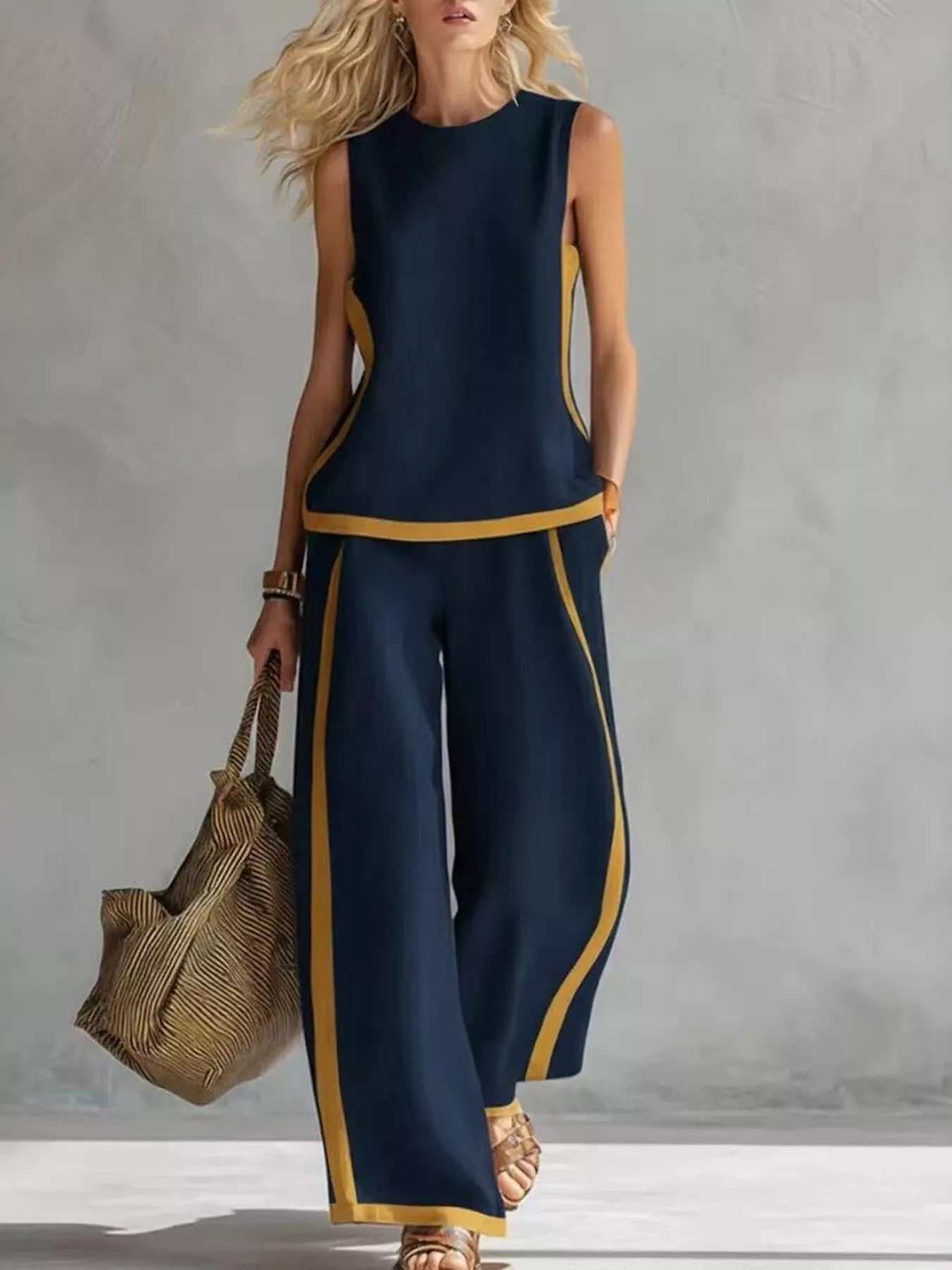 Plus size sleeveless top and wide-leg pants set, navy blue with mustard contrast trim