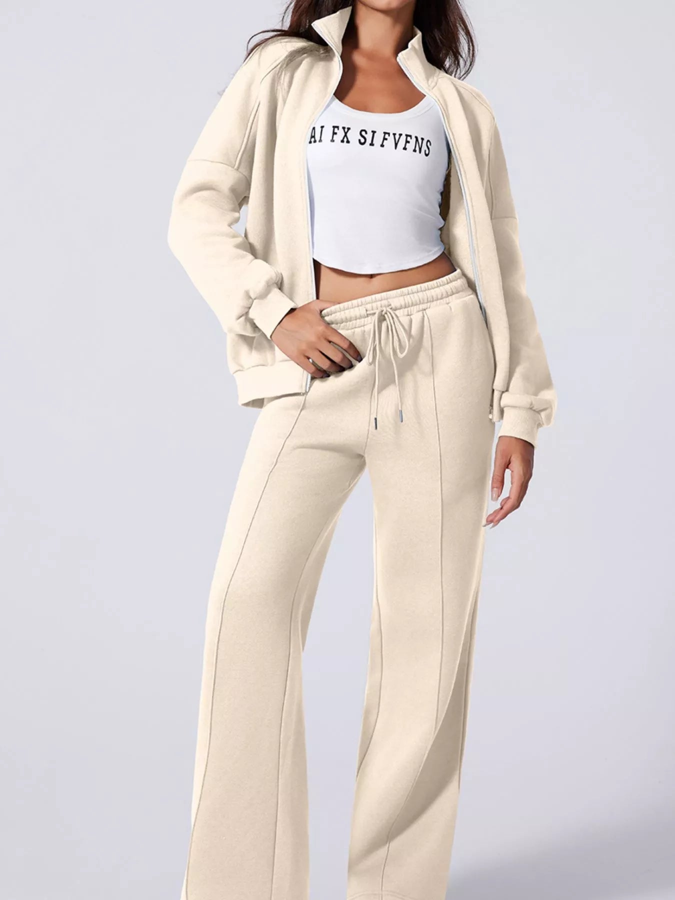 Beige drop-shoulder zip-up jacket with drawstring waist pants set
