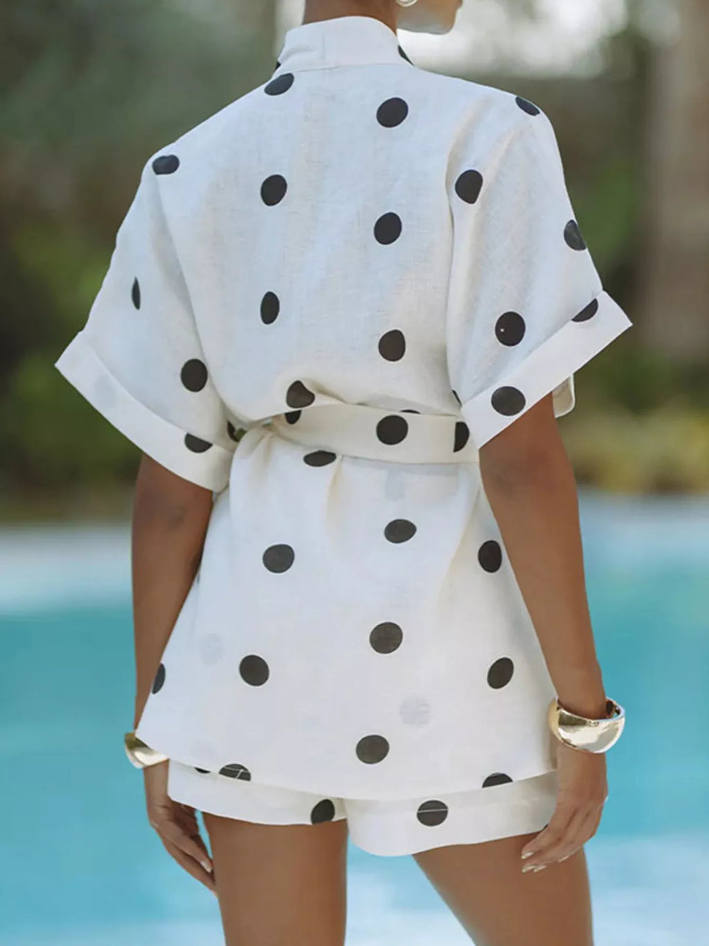 Polka-dot tie-waist set, white with black dots, back view with tied waist and shorts