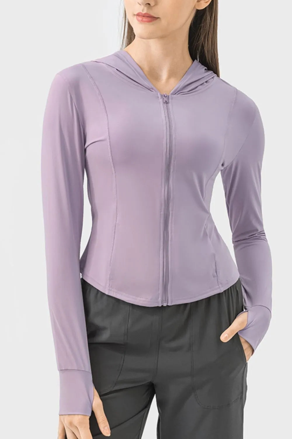 Lavender hooded zip-up long-sleeve active jacket with front zipper and side pockets