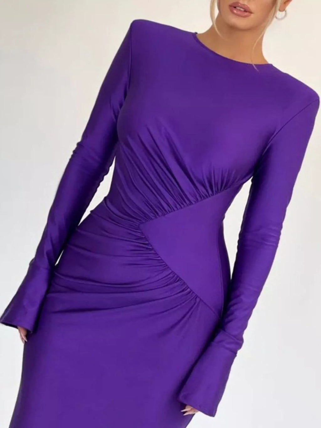 Purple ruched bodycon maxi dress with long bell cuffs and diagonal waist ruching