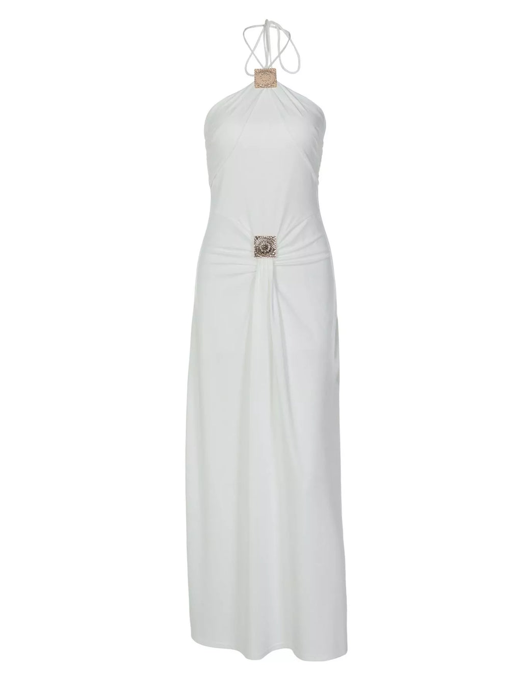 White backless halter ruched maxi dress on hanger, open back and draped waist seam.