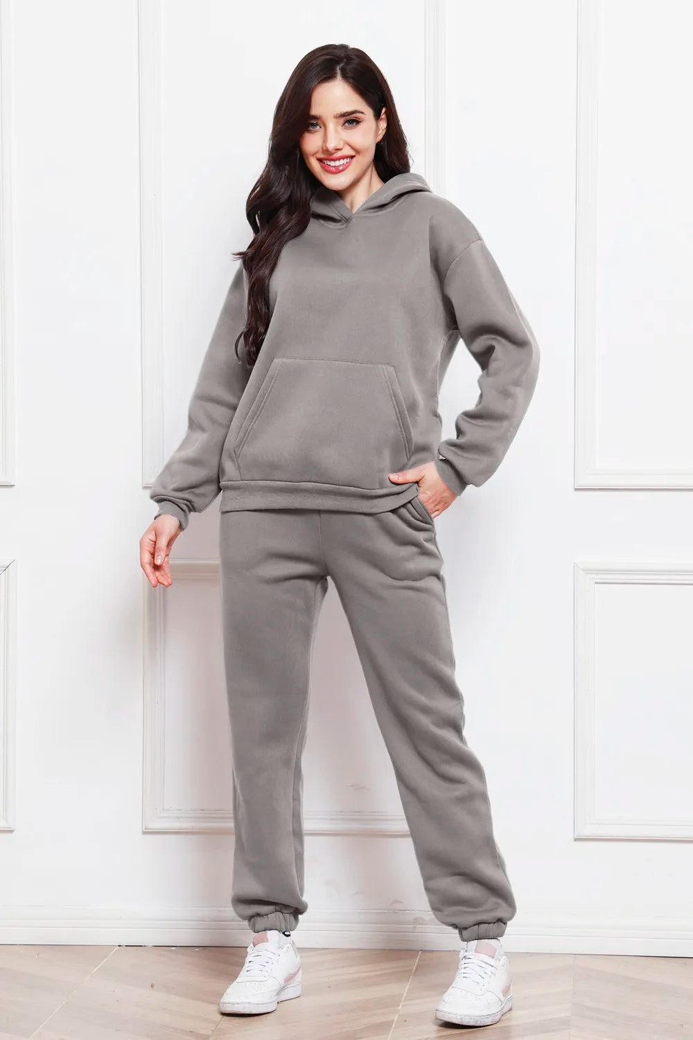 Gray drop-shoulder pullover hoodie and jogger pants set with drawstring hood and front pocket