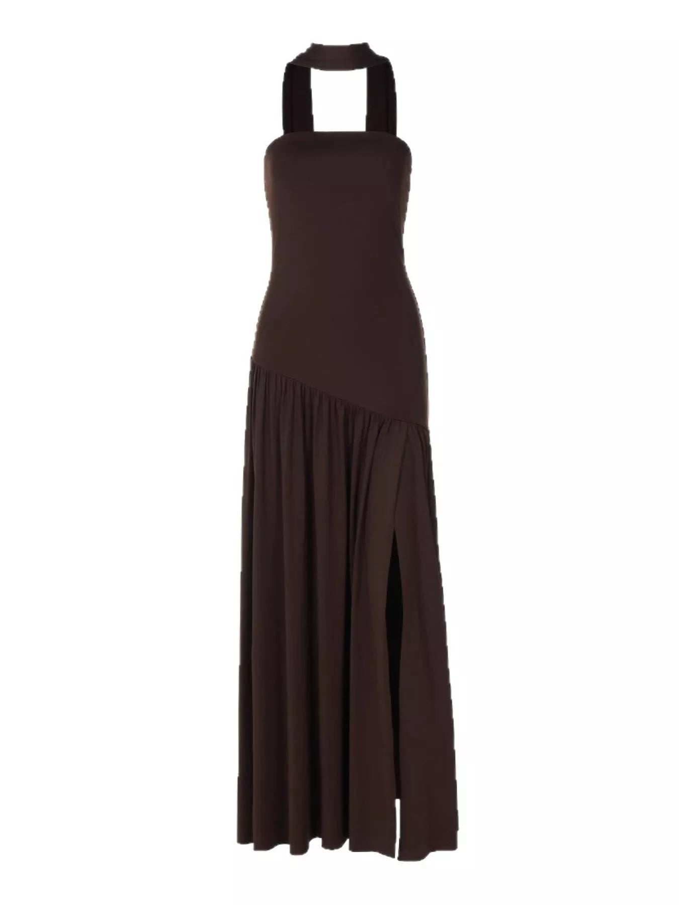 Brown strapless tube maxi dress with fitted bodice and pleated drape skirt