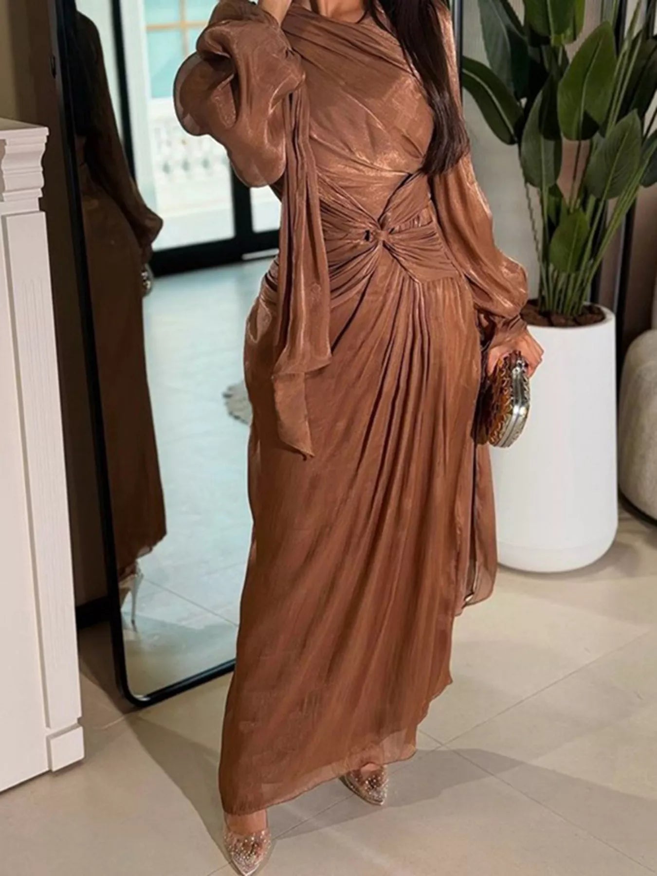 Coffee-brown draped long-sleeve maxi dress with twisted knot at waist
