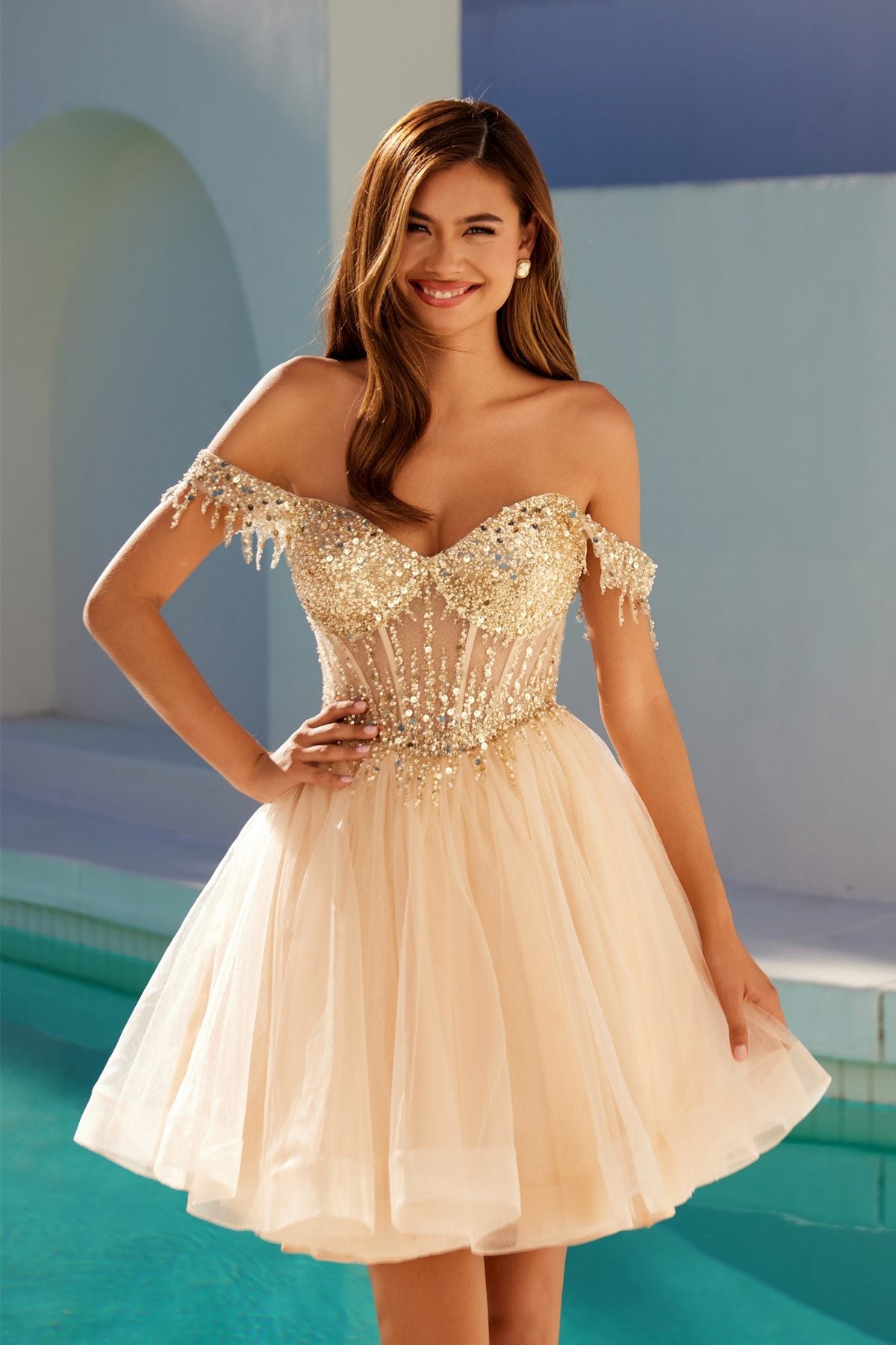 Champagne off-shoulder A-line homecoming dress with sparkling bodice and tulle skirt.